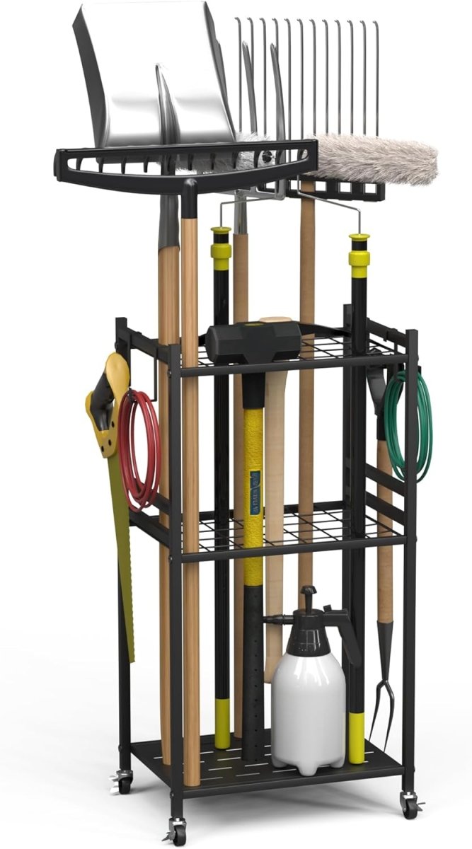 3 Tier Garden Tool Organizer Rack with Wheels Metal Storage - Kwikley