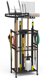 3 Tier Garden Tool Organizer Rack with Wheels Metal Storage - Kwikley