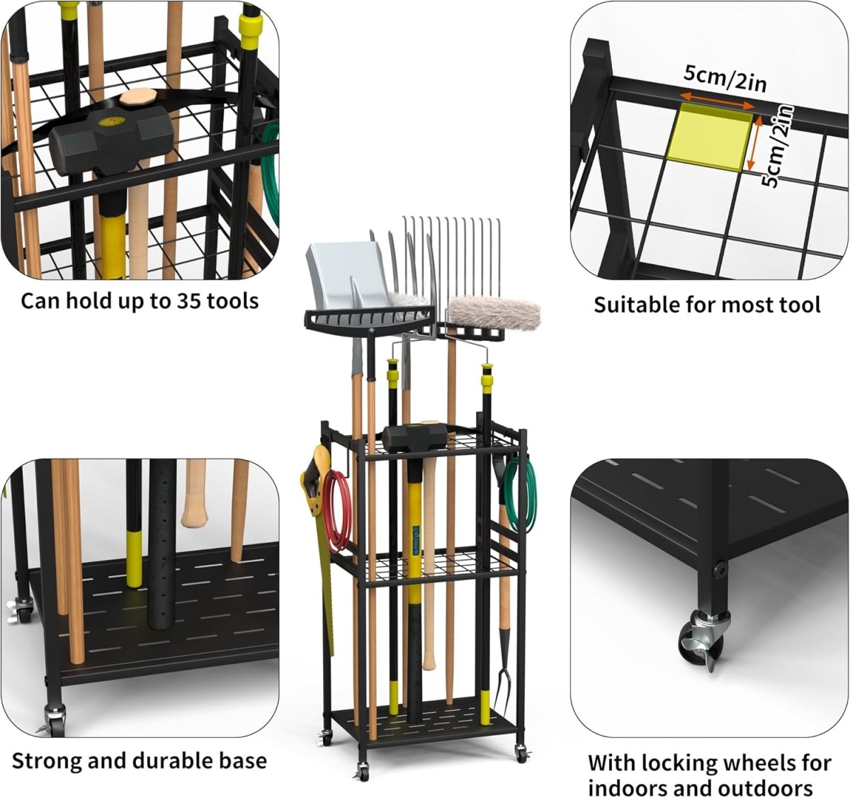 3 Tier Garden Tool Organizer Rack with Wheels Metal Storage - Kwikley