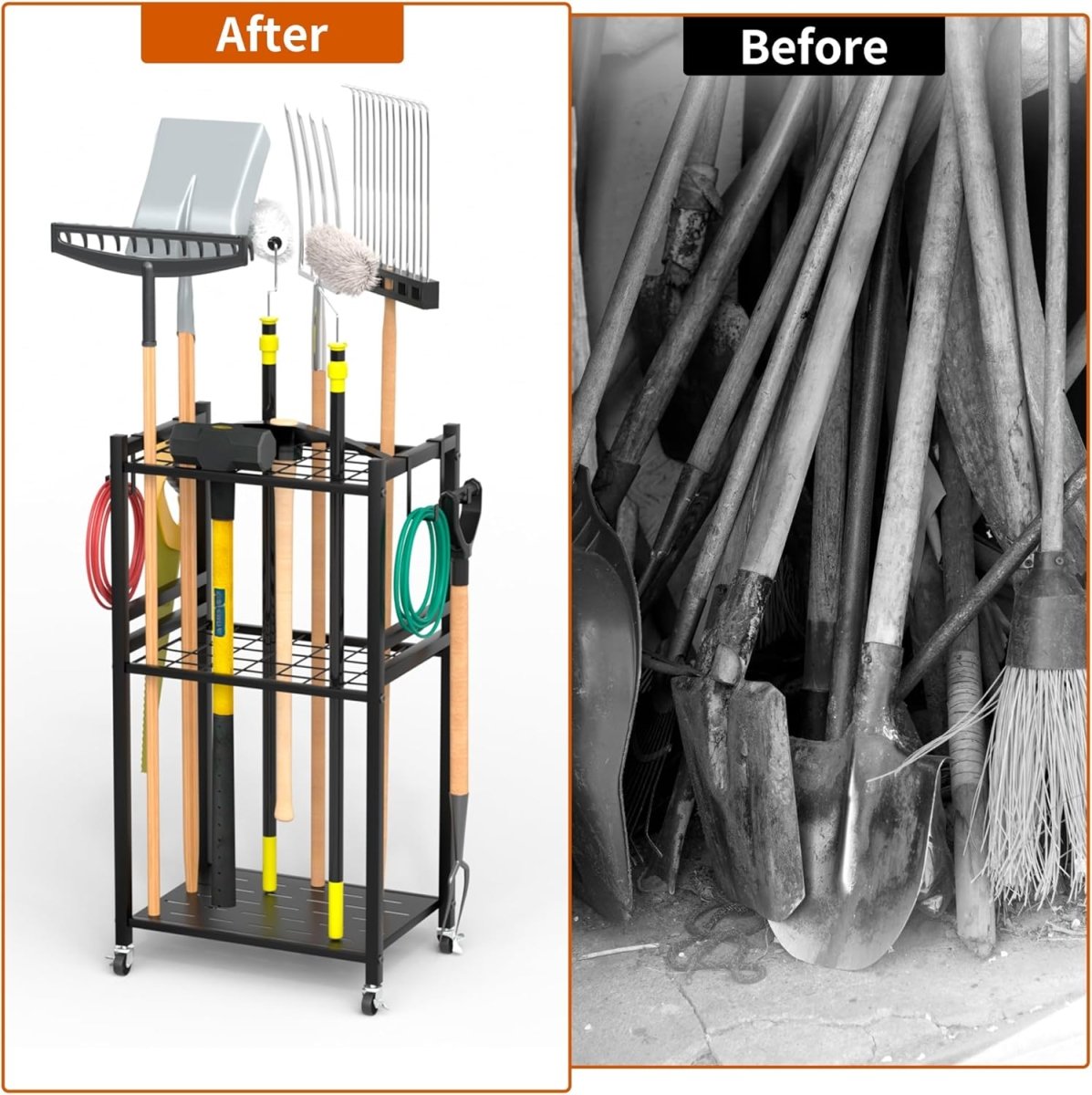 3 Tier Garden Tool Organizer Rack with Wheels Metal Storage - Kwikley