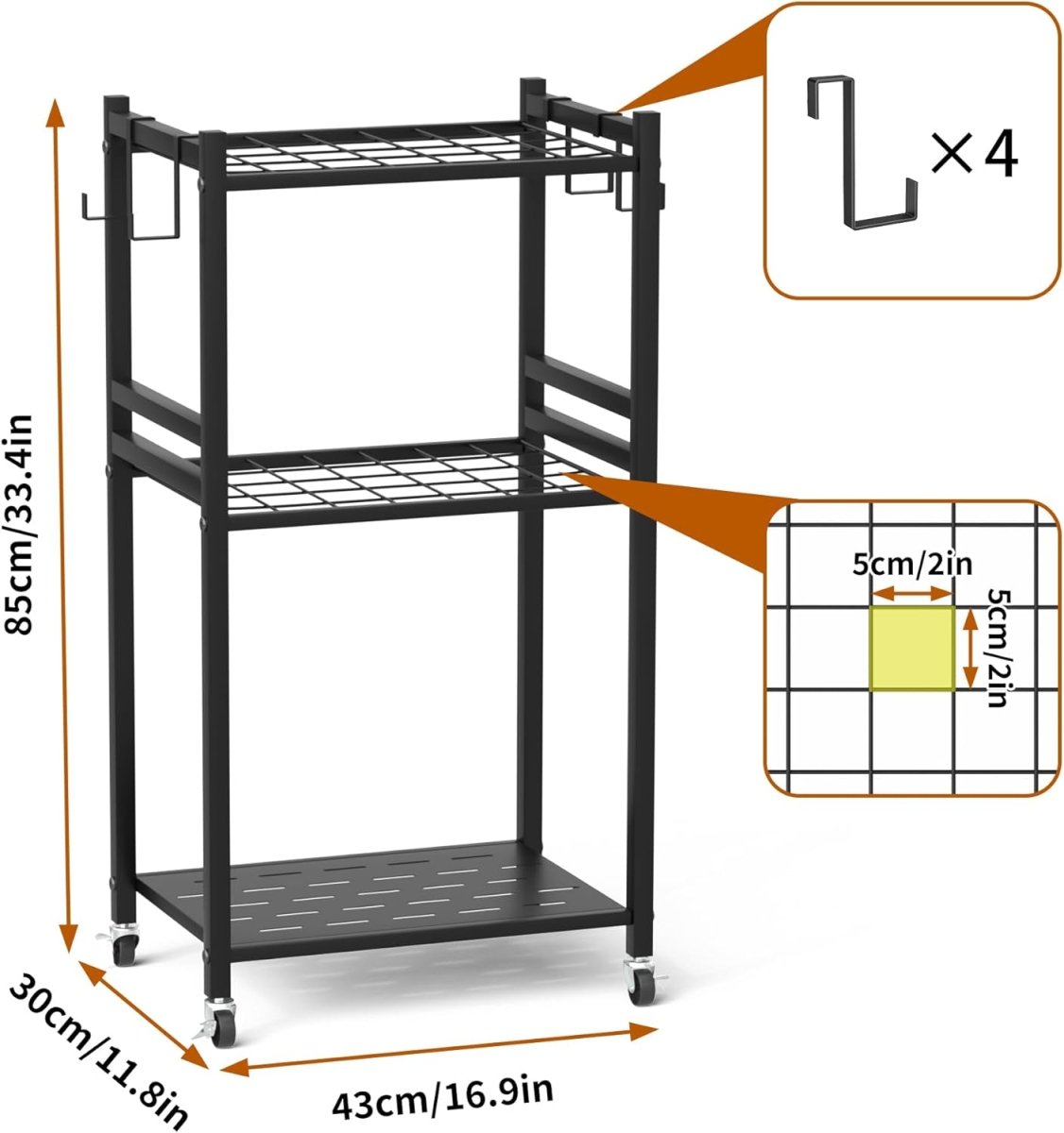 3 Tier Garden Tool Organizer Rack with Wheels Metal Storage - Kwikley
