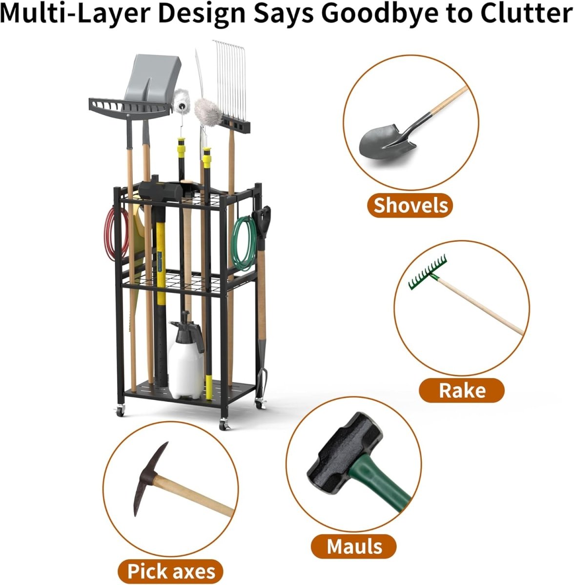 3 Tier Garden Tool Organizer Rack with Wheels Metal Storage - Kwikley