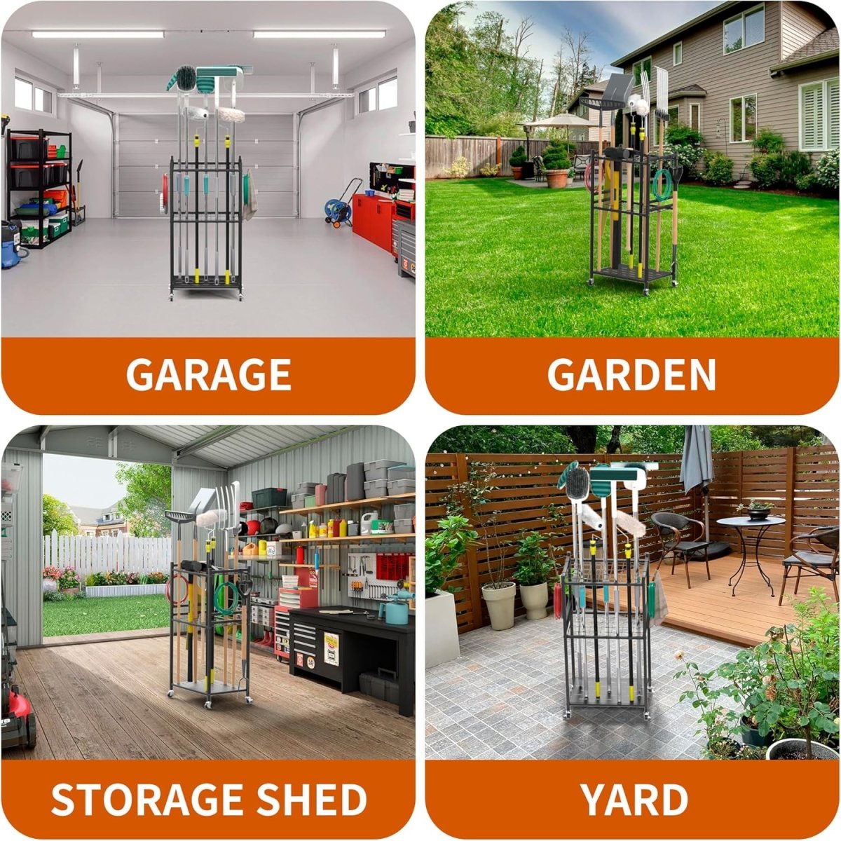 3 Tier Garden Tool Organizer Rack with Wheels Metal Storage - Kwikley
