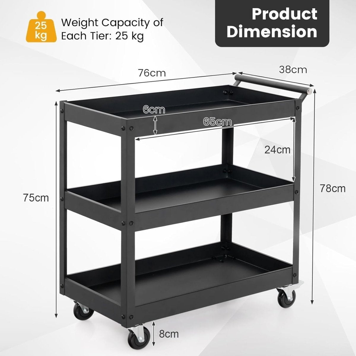 3 - Tier Rolling Tool Cart Black 76W x 38D x 78H cm Steel Mobile Trolley - Kwikley