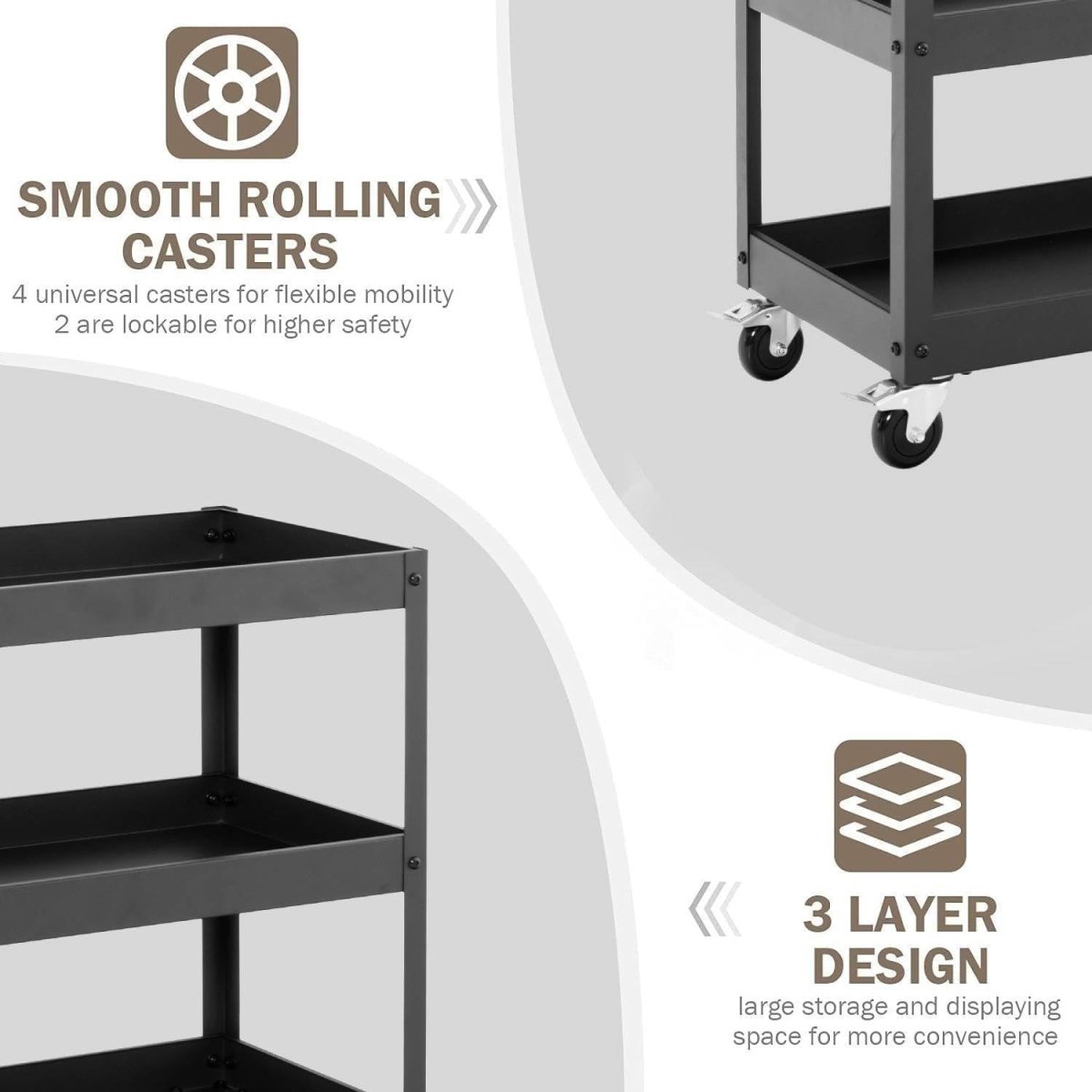 3 - Tier Rolling Tool Cart Black 76W x 38D x 78H cm Steel Mobile Trolley - Kwikley