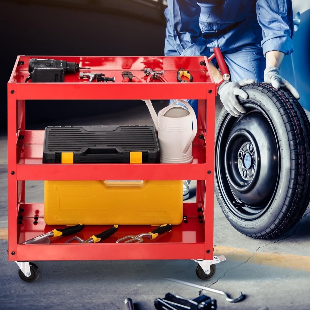 3 - Tier Rolling Tool Cart Red 76W x 38D x 78H cm Steel Mobile Trolley - Kwikley