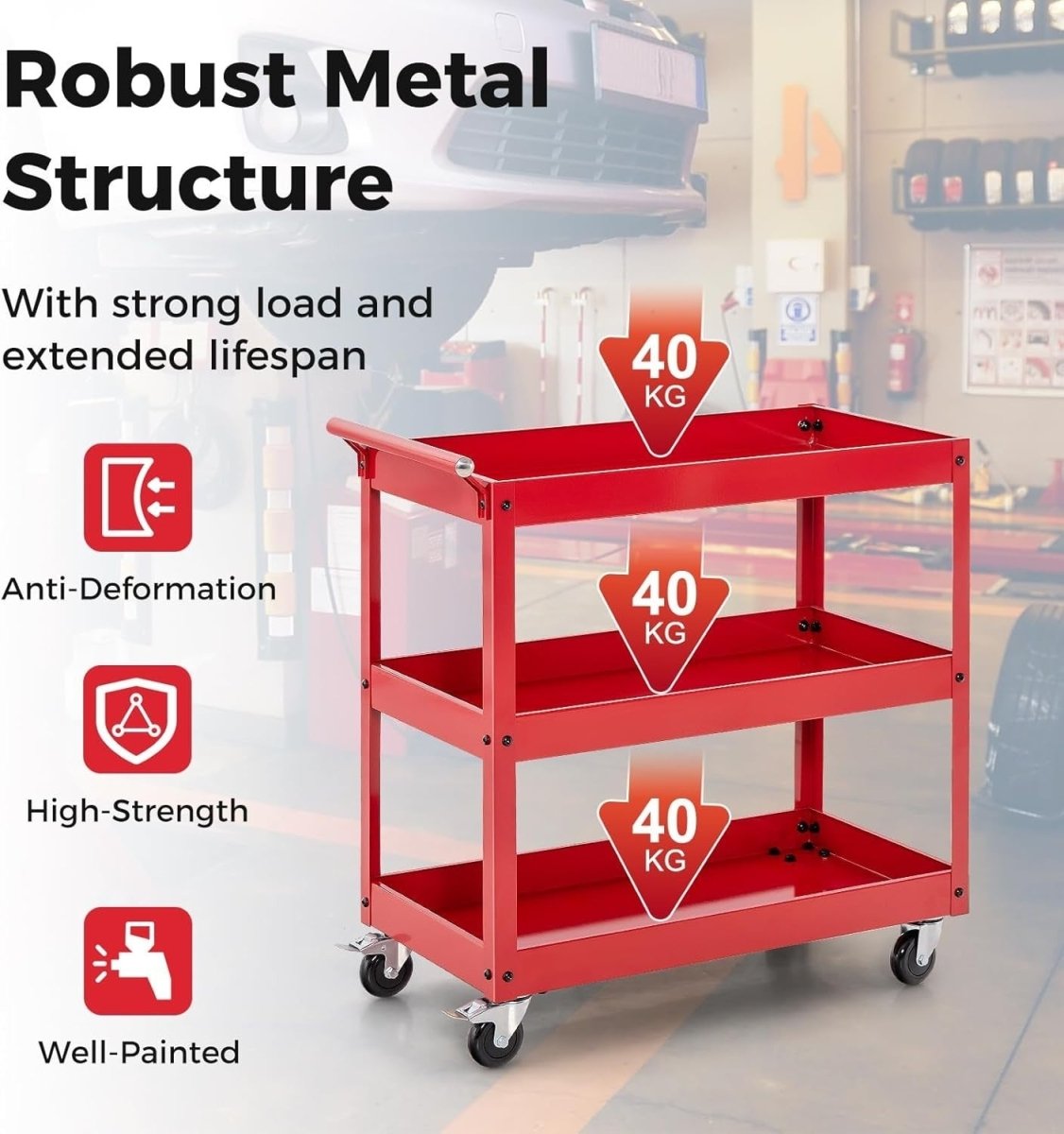 3 - Tier Rolling Tool Cart Red 76W x 38D x 78H cm Steel Mobile Trolley - Kwikley