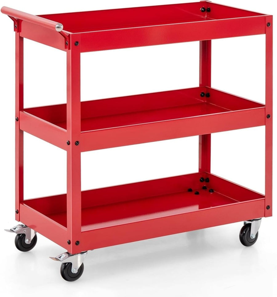 3 - Tier Rolling Tool Cart Red 76W x 38D x 78H cm Steel Mobile Trolley - Kwikley