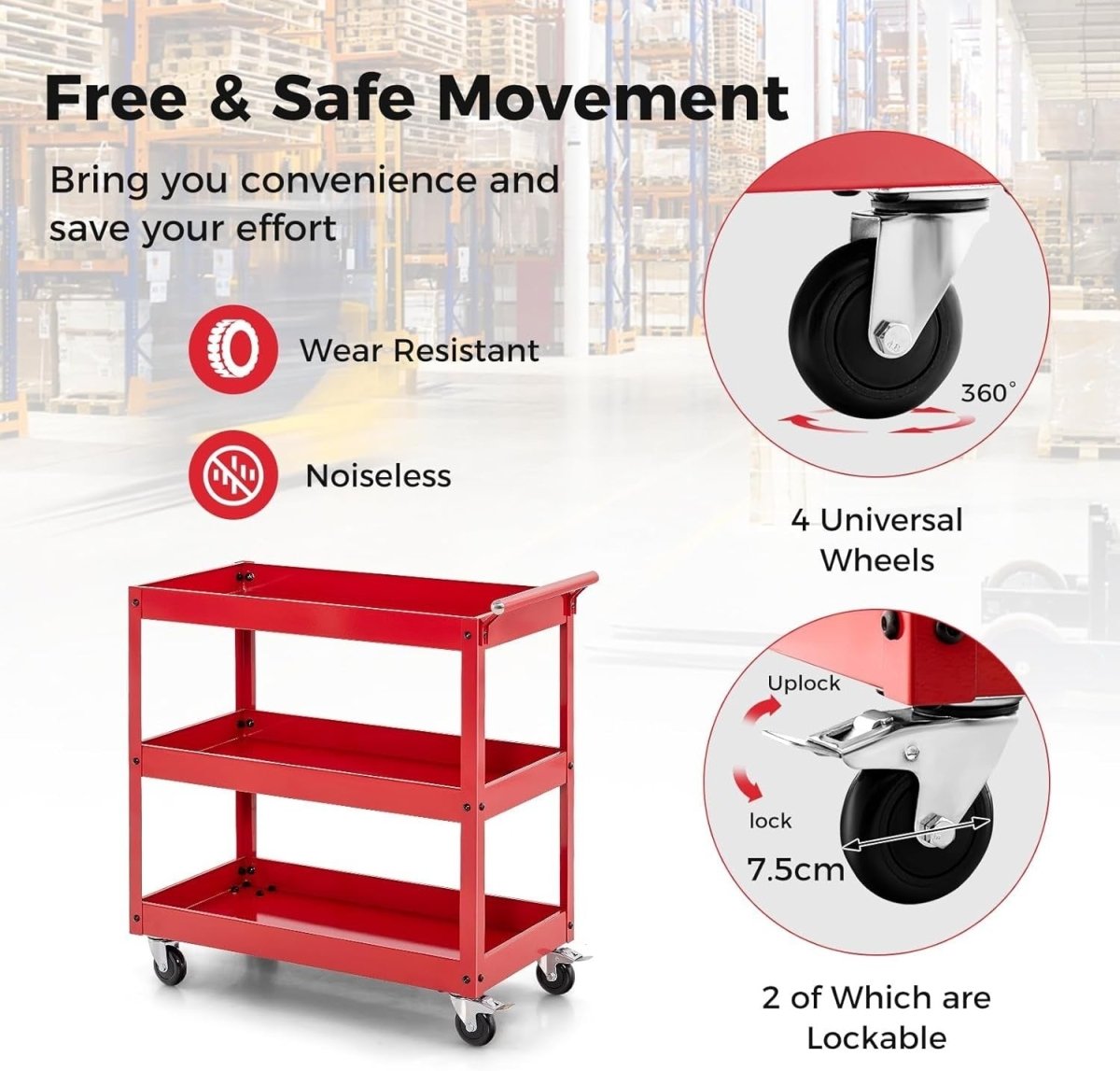 3 - Tier Rolling Tool Cart Red 76W x 38D x 78H cm Steel Mobile Trolley - Kwikley