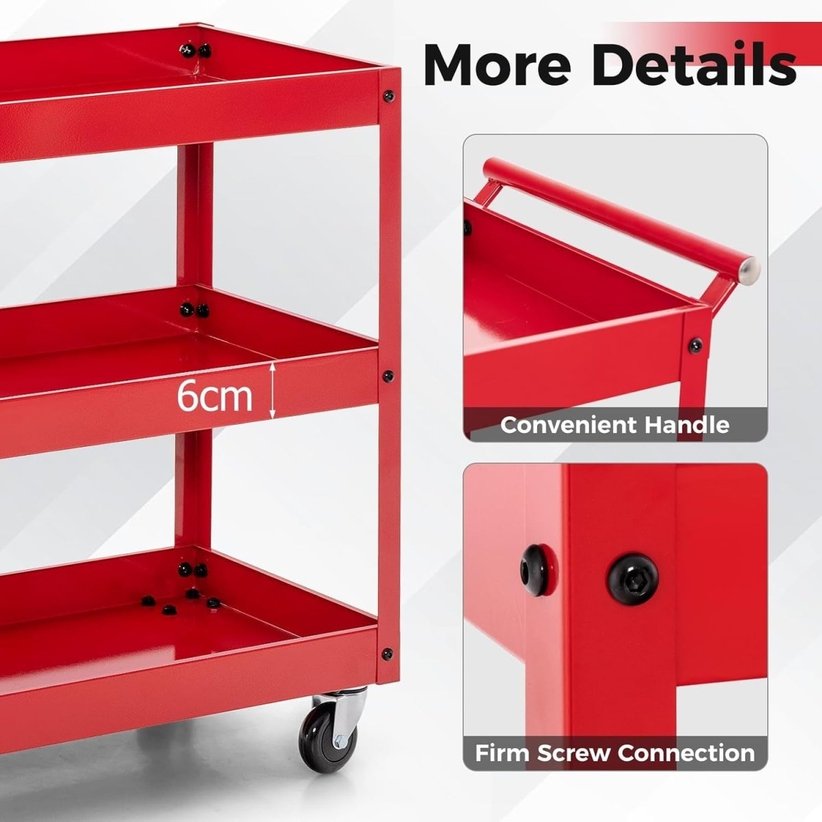 3 - Tier Rolling Tool Cart Red 76W x 38D x 78H cm Steel Mobile Trolley - Kwikley