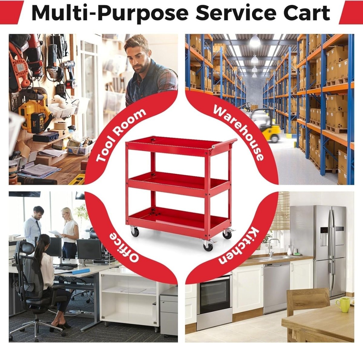 3 - Tier Rolling Tool Cart Red 76W x 38D x 78H cm Steel Mobile Trolley - Kwikley