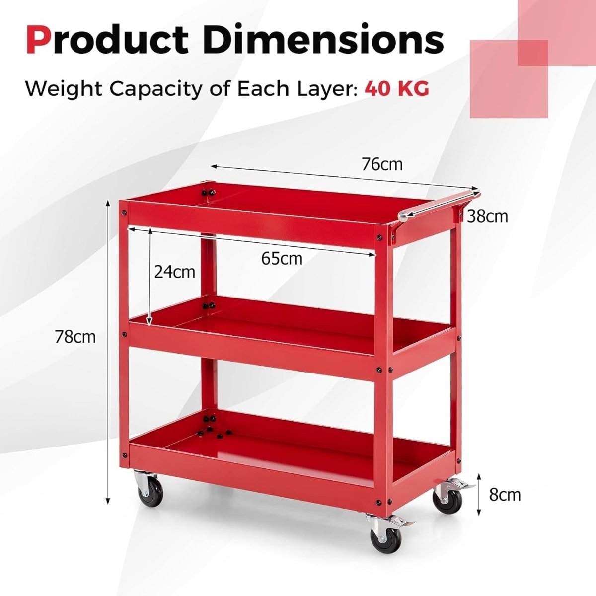 3 - Tier Rolling Tool Cart Red 76W x 38D x 78H cm Steel Mobile Trolley - Kwikley