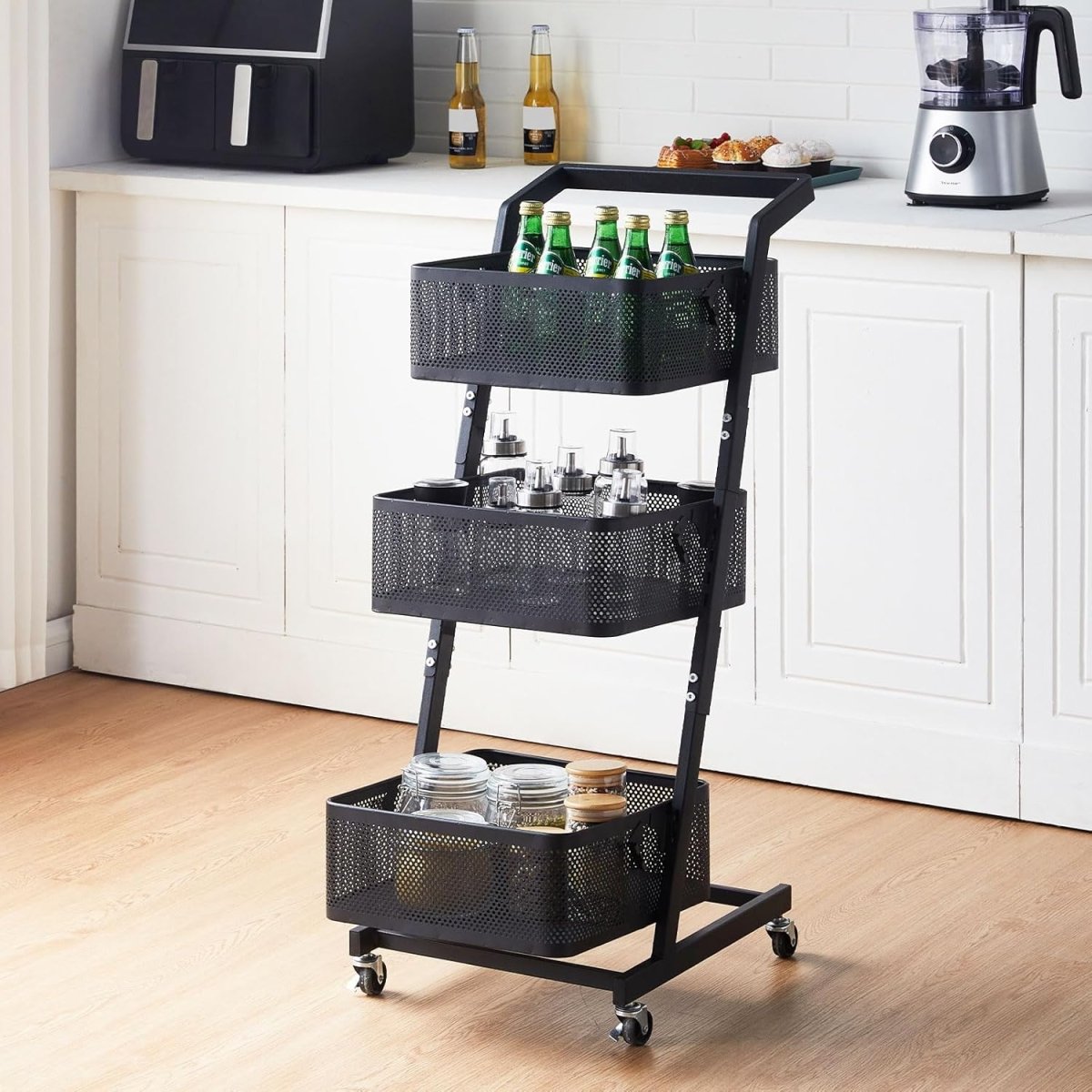 3 Tier Rolling Utility Cart Metal Storage Trolley Lockable Wheels - Kwikley