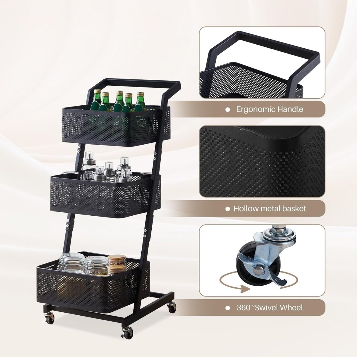 3 Tier Rolling Utility Cart Metal Storage Trolley Lockable Wheels - Kwikley