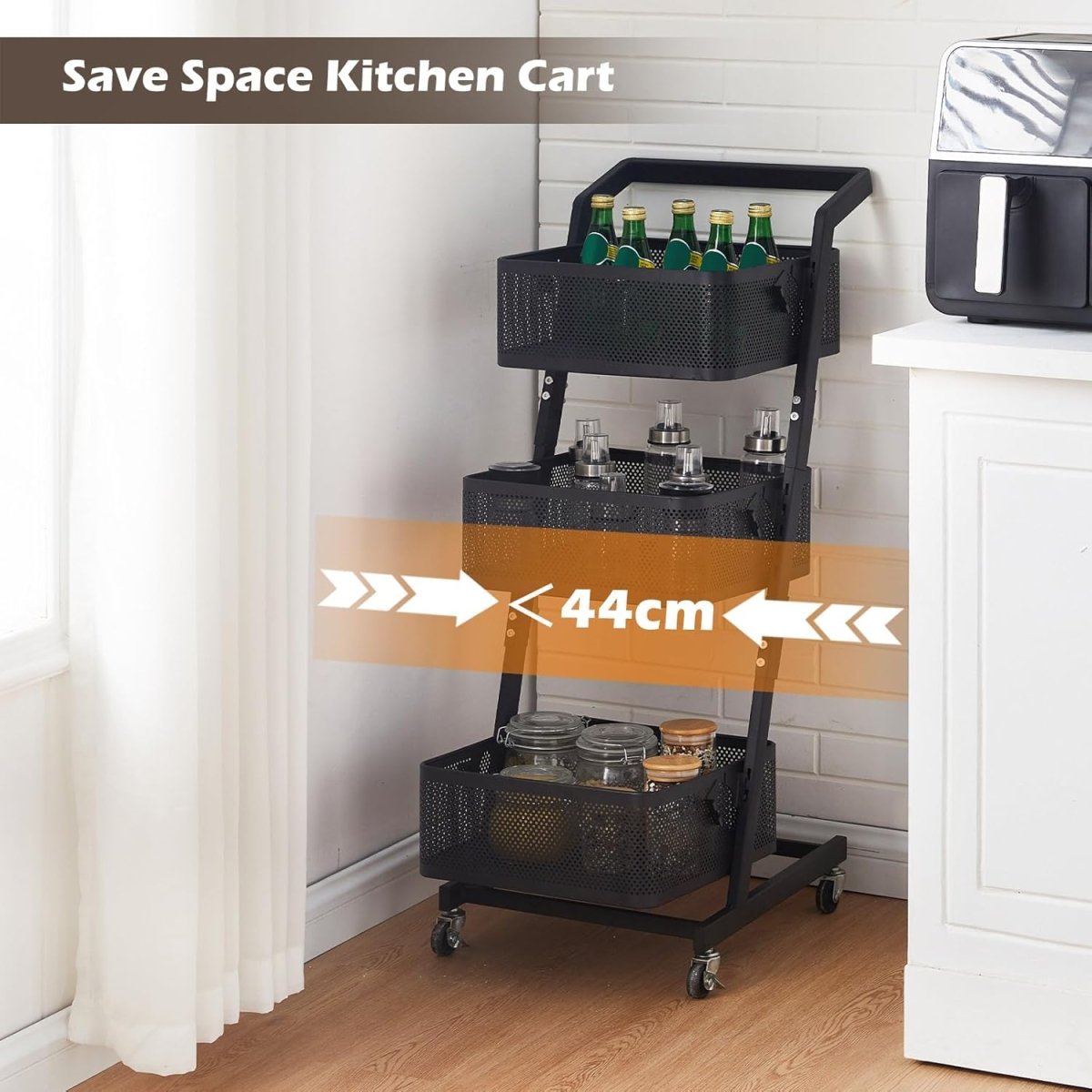 3 Tier Rolling Utility Cart Metal Storage Trolley Lockable Wheels - Kwikley
