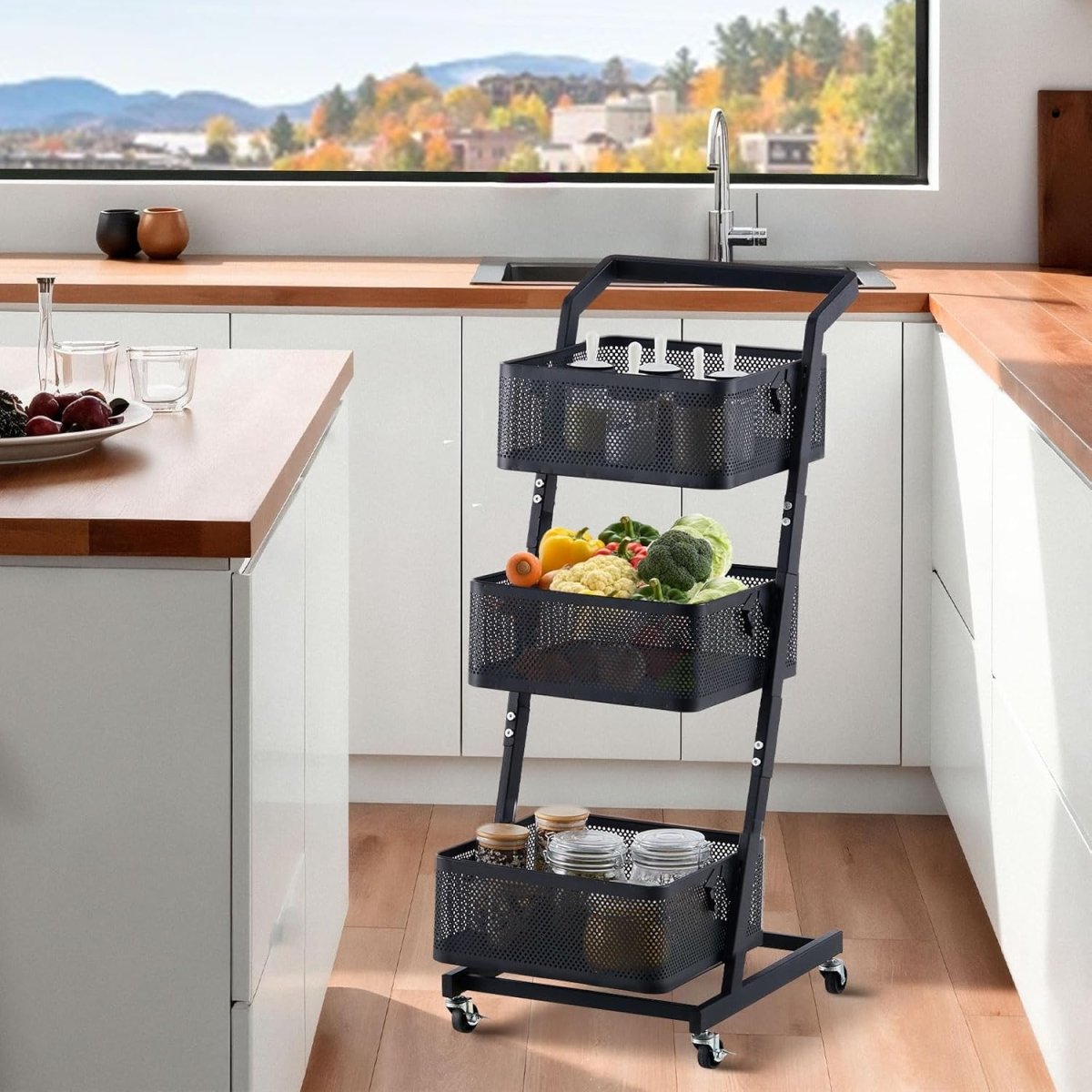 3 Tier Rolling Utility Cart Metal Storage Trolley Lockable Wheels - Kwikley