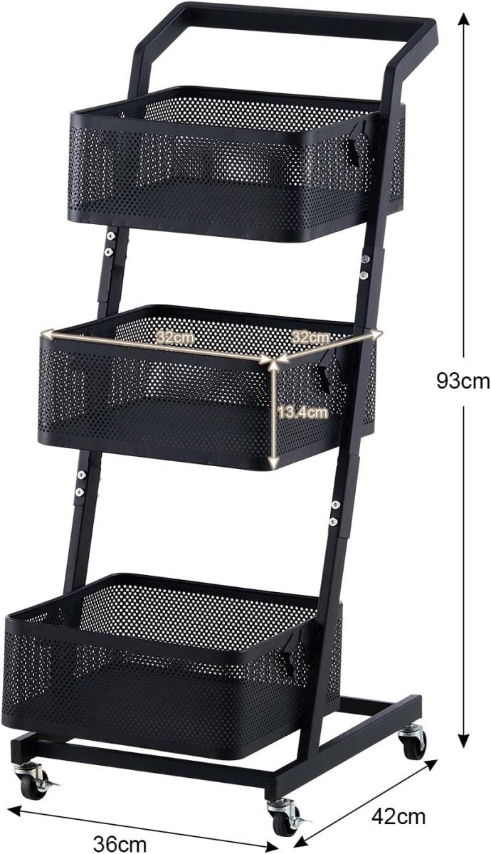 3 Tier Rolling Utility Cart Metal Storage Trolley Lockable Wheels - Kwikley