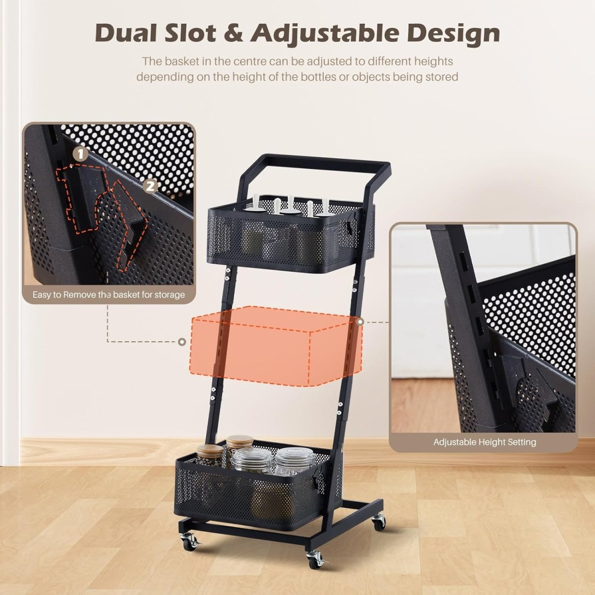 3 Tier Rolling Utility Cart Metal Storage Trolley Lockable Wheels - Kwikley