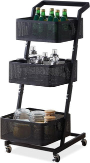 3 Tier Rolling Utility Cart Metal Storage Trolley Lockable Wheels - Kwikley