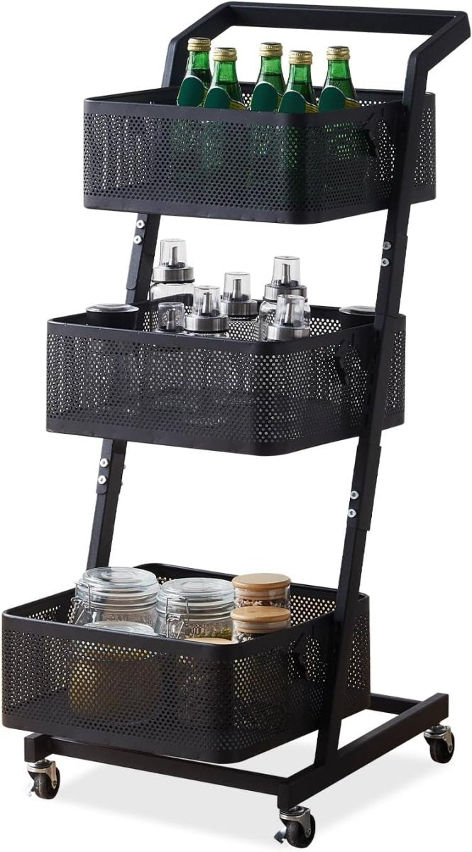 3 Tier Rolling Utility Cart Metal Storage Trolley Lockable Wheels - Kwikley