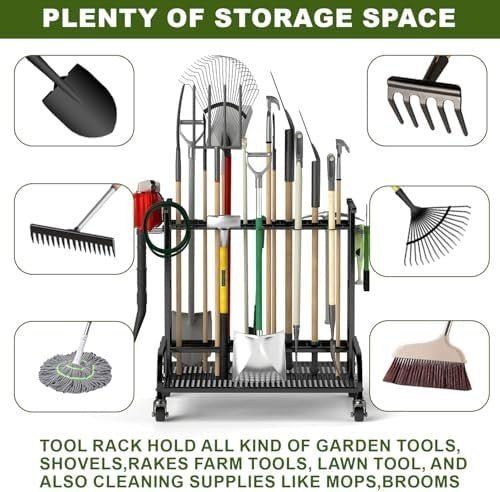 3 - Tier Rotating Garden Tool Rack on Wheels Holds 60+ Shovels Rakes Brooms - Kwikley