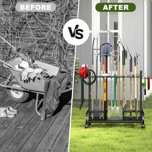 3 - Tier Rotating Garden Tool Rack on Wheels Holds 60+ Shovels Rakes Brooms - Kwikley