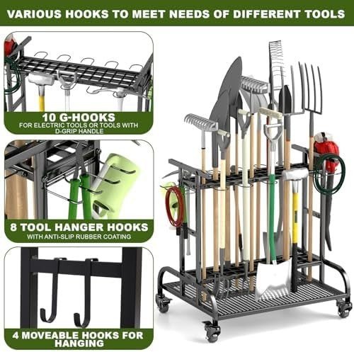 3 - Tier Rotating Garden Tool Rack on Wheels Holds 60+ Shovels Rakes Brooms - Kwikley