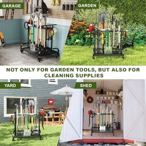 3 - Tier Rotating Garden Tool Rack on Wheels Holds 60+ Shovels Rakes Brooms - Kwikley