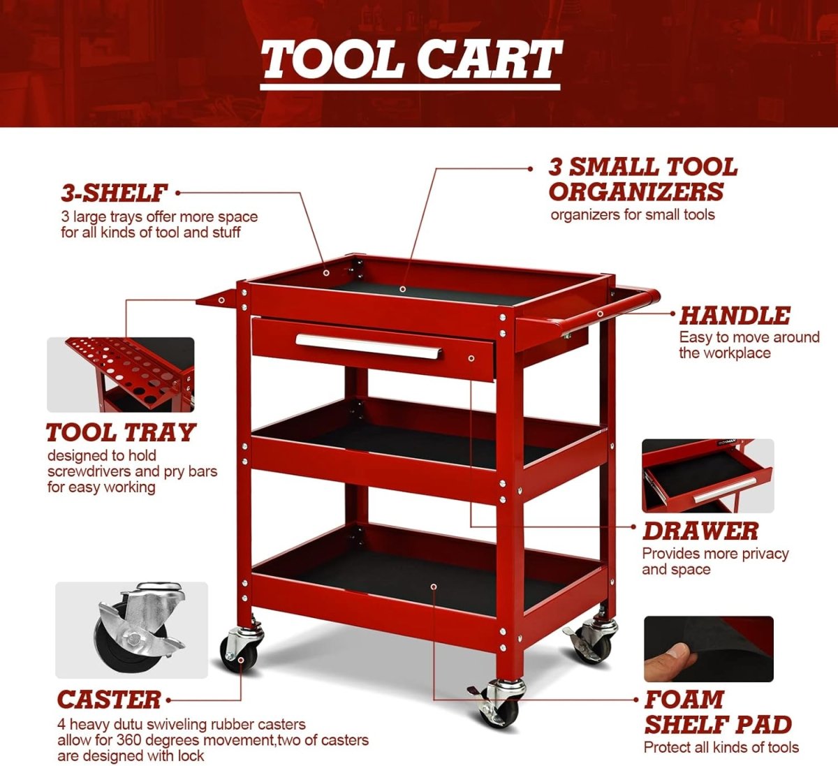 3 Tier Tool Trolley Heavy Duty Rolling Workstation Drawer - Kwikley
