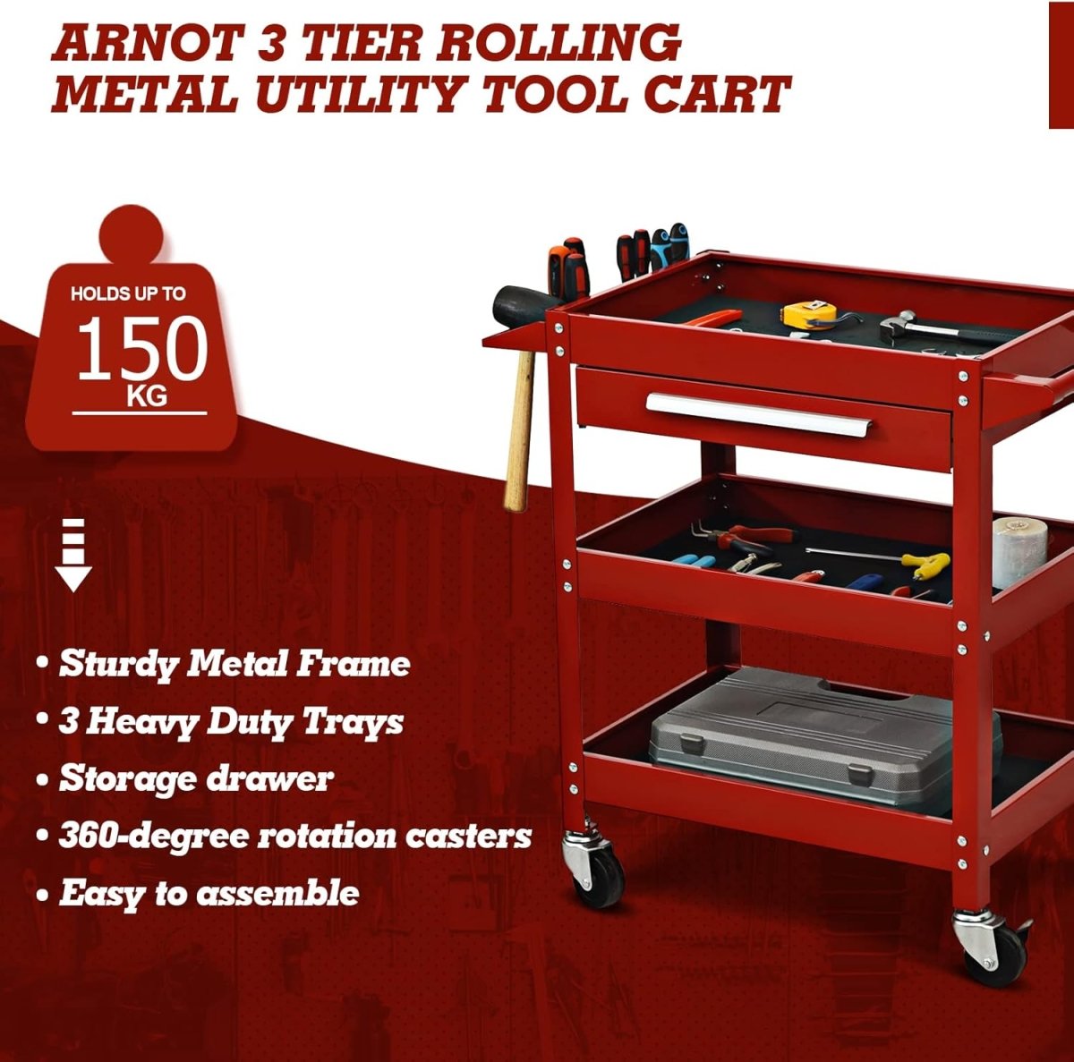 3 Tier Tool Trolley Heavy Duty Rolling Workstation Drawer - Kwikley