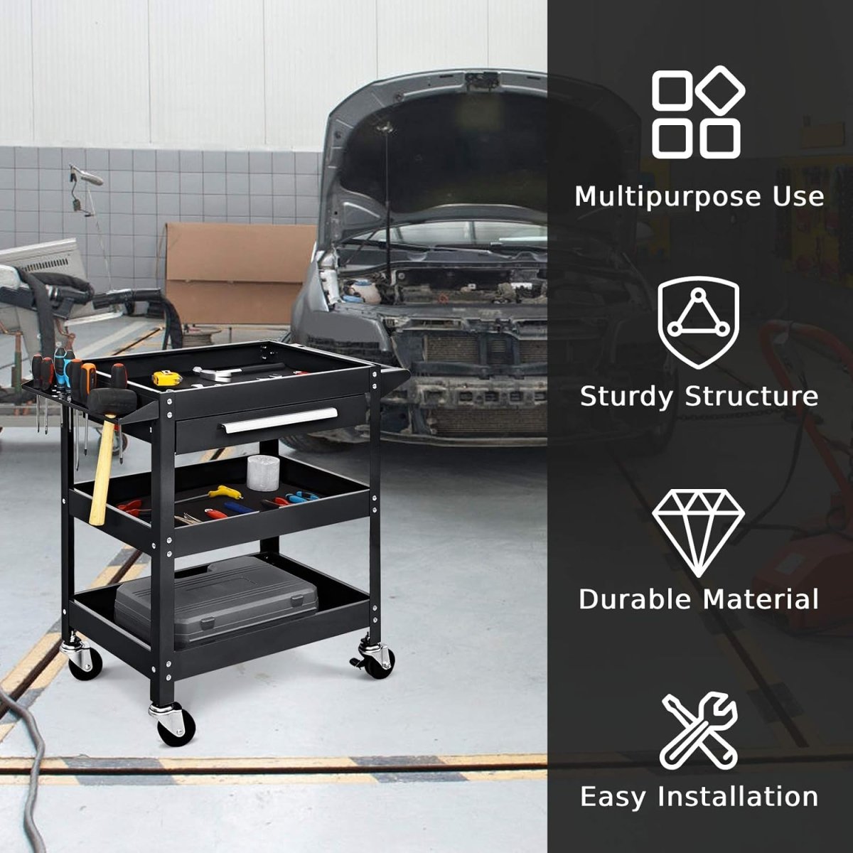 3 Tier Tool Trolley Rolling Workstation Heavy Duty Cart - Kwikley