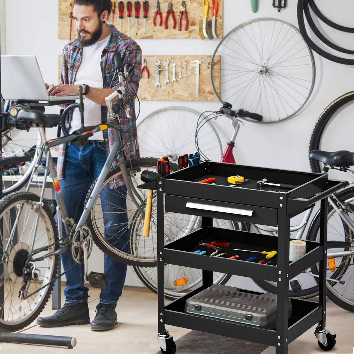 3 Tier Tool Trolley Rolling Workstation Heavy Duty Cart - Kwikley