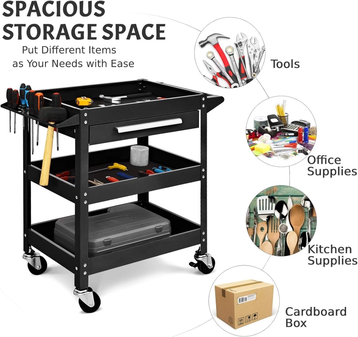 3 Tier Tool Trolley Rolling Workstation Heavy Duty Cart - Kwikley