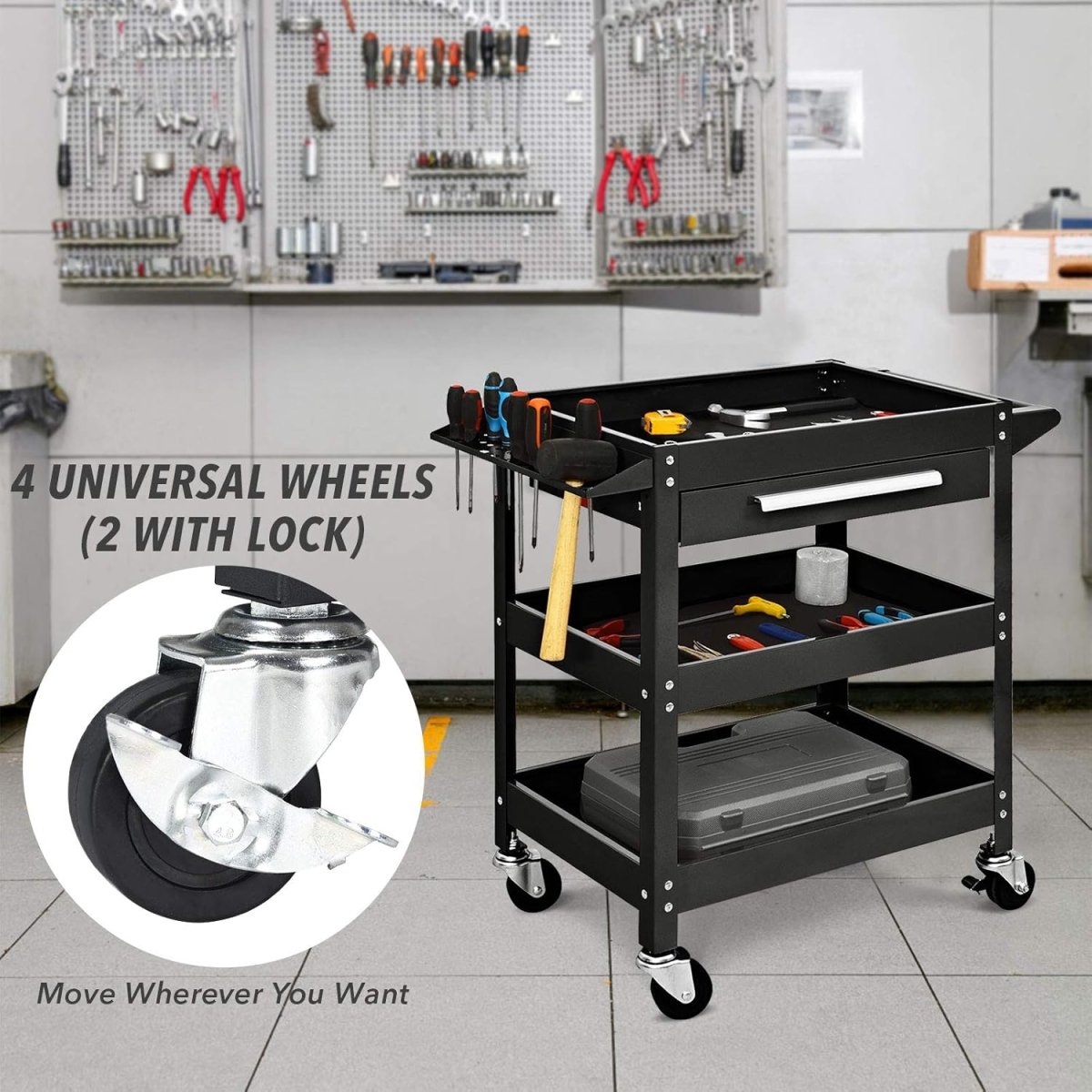 3 Tier Tool Trolley Rolling Workstation Heavy Duty Cart - Kwikley