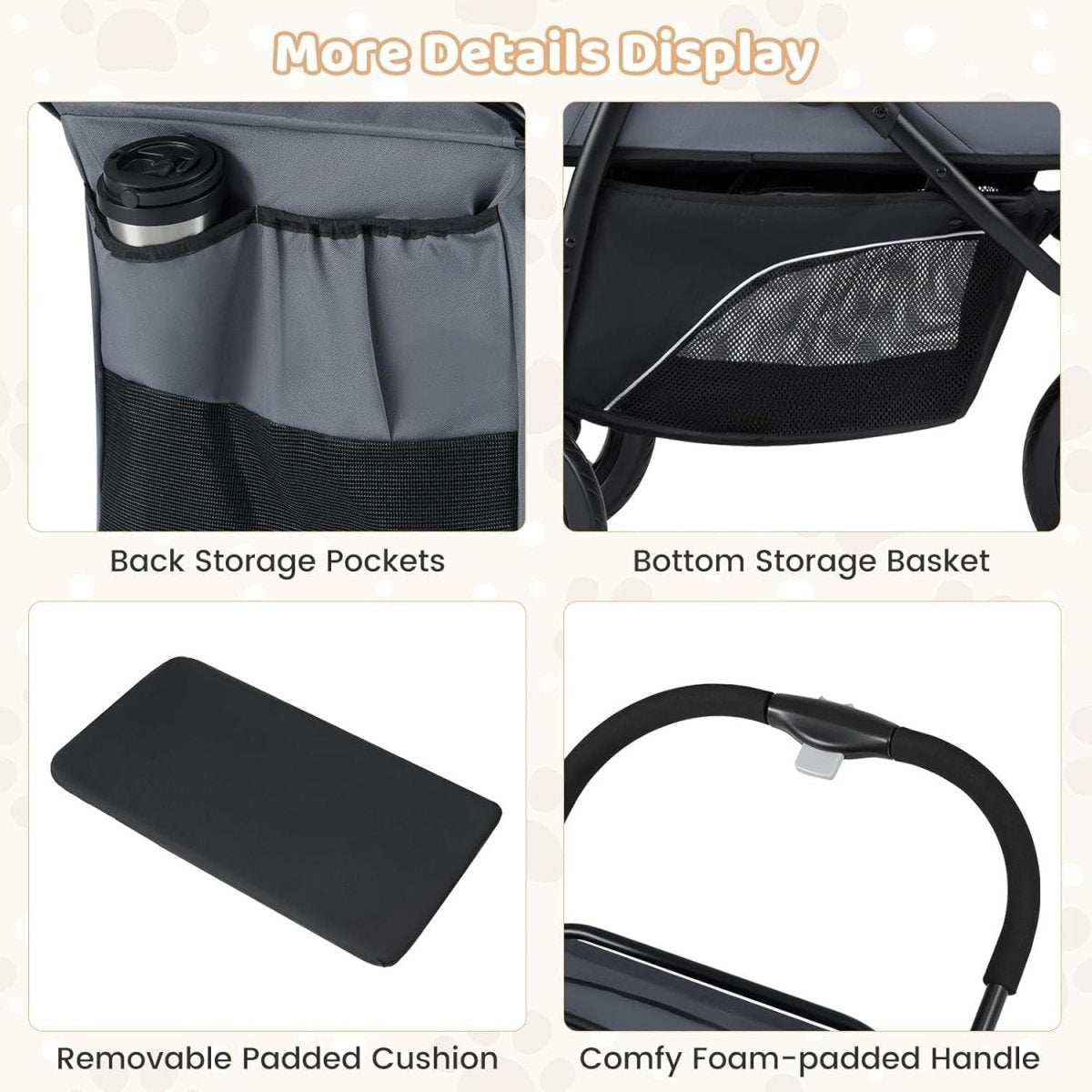 3 Wheel Dog Stroller Pet Pushchair Foldable Canopy Basket Brake Grey - Kwikley