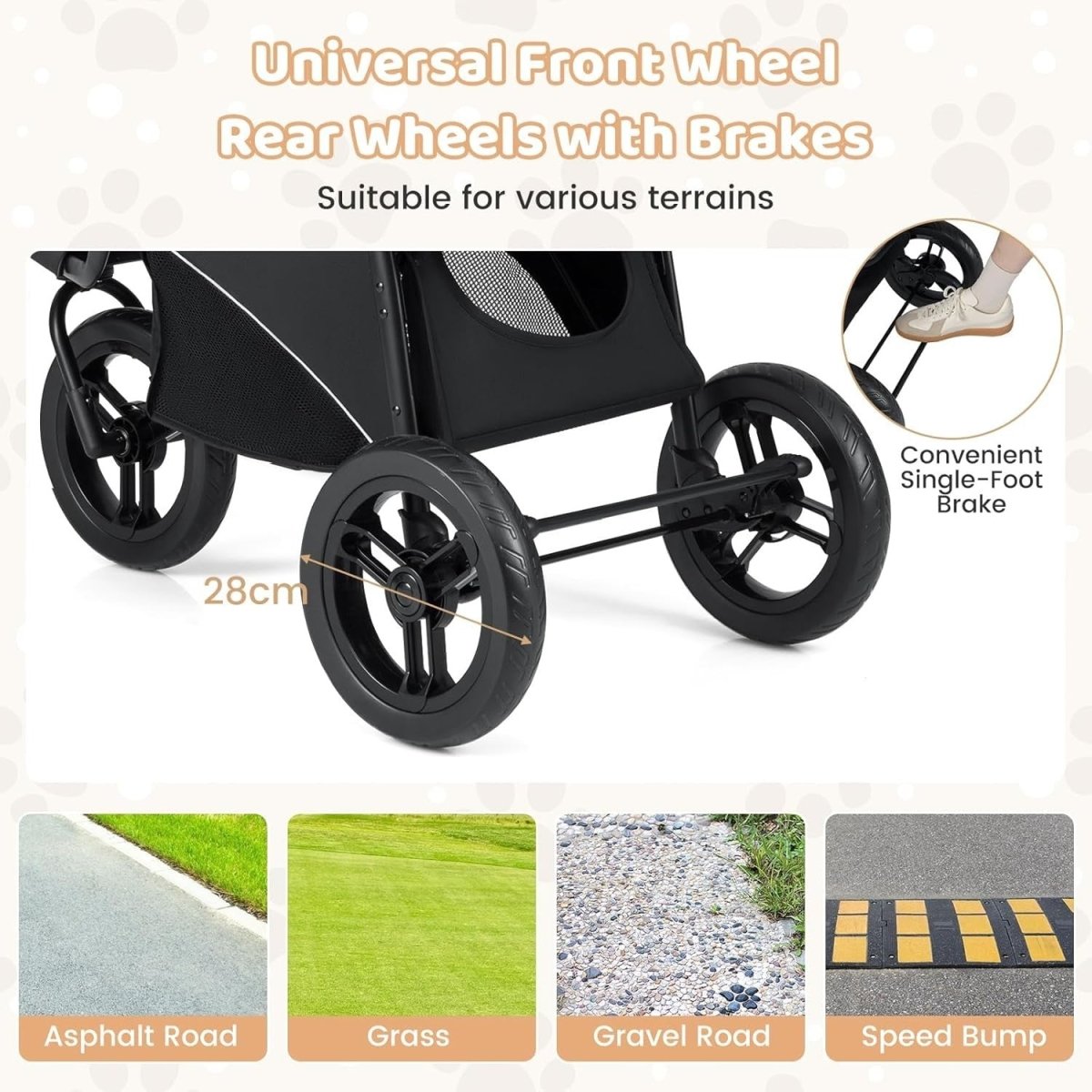 3 Wheel Dog Stroller Pet Pushchair Foldable Canopy Basket Brake Grey - Kwikley
