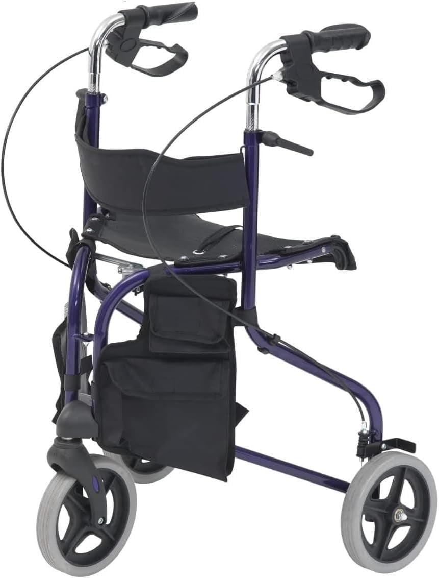 3 Wheel Rollator Walker with Seat Lightweight Folding Mobility Aid Brakes - Kwikley