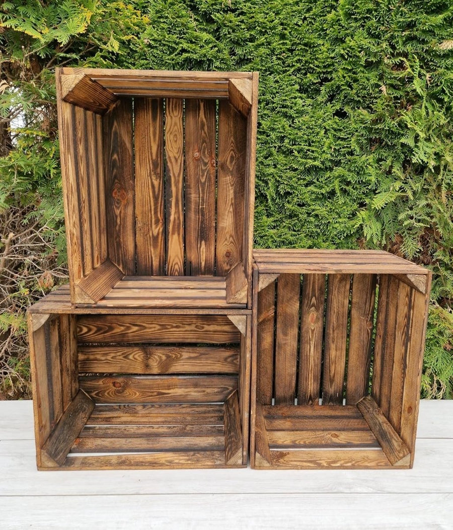 3 x Burnt Effect Used Wooden Crates 50x40x30cm Rustic Vintage Storage - Kwikley