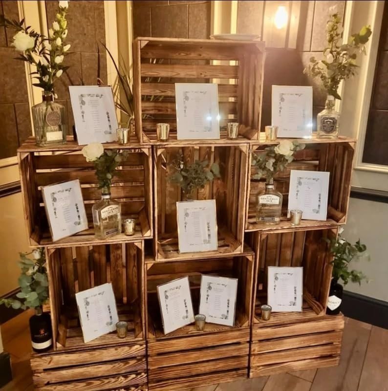 3 x Burnt Effect Used Wooden Crates 50x40x30cm Rustic Vintage Storage - Kwikley