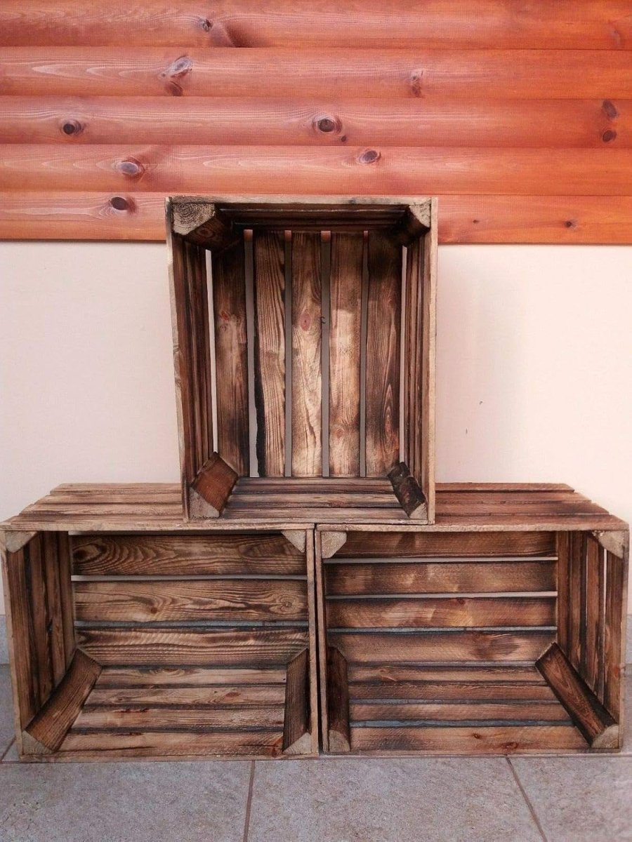 3 x Burnt Effect Used Wooden Crates 50x40x30cm Rustic Vintage Storage - Kwikley