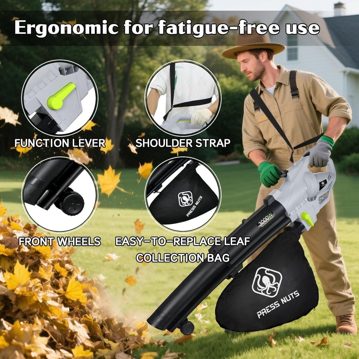 3000W 3 - in - 1 Garden Leaf Blower Vacuum Shredder 10m Cable 35L Bag - Kwikley