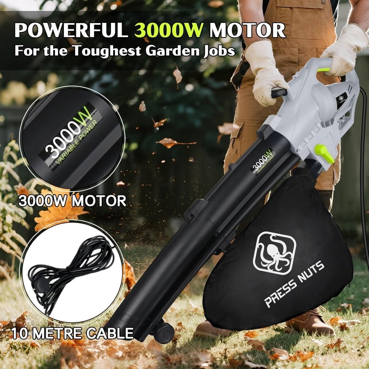 3000W 3 - in - 1 Garden Leaf Blower Vacuum Shredder 10m Cable 35L Bag - Kwikley