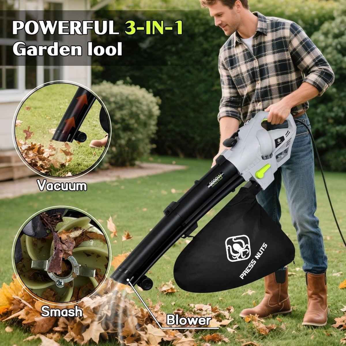 3000W 3 - in - 1 Garden Leaf Blower Vacuum Shredder 10m Cable 35L Bag - Kwikley