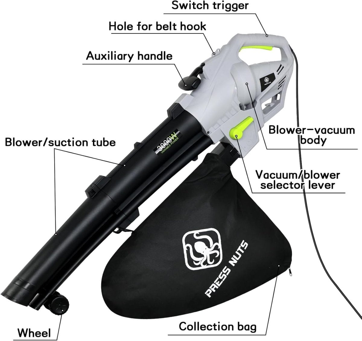 3000W 3 - in - 1 Garden Leaf Blower Vacuum Shredder 10m Cable 35L Bag - Kwikley