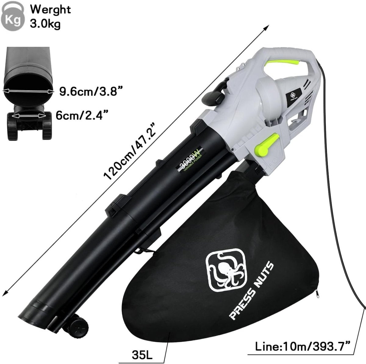 3000W 3 - in - 1 Garden Leaf Blower Vacuum Shredder 10m Cable 35L Bag - Kwikley