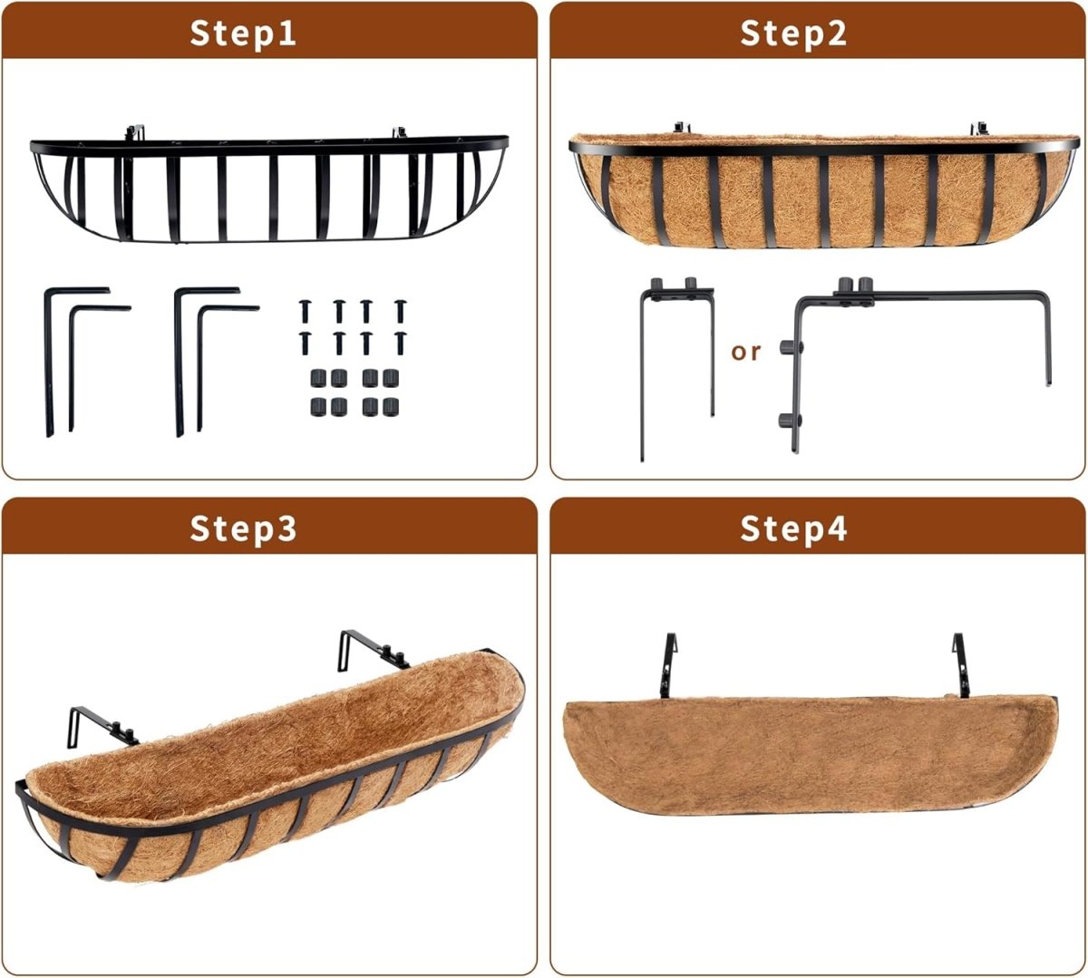 30in Wall Trough Planters Set 2 Metal Railing Boxes Coco Liner - Kwikley