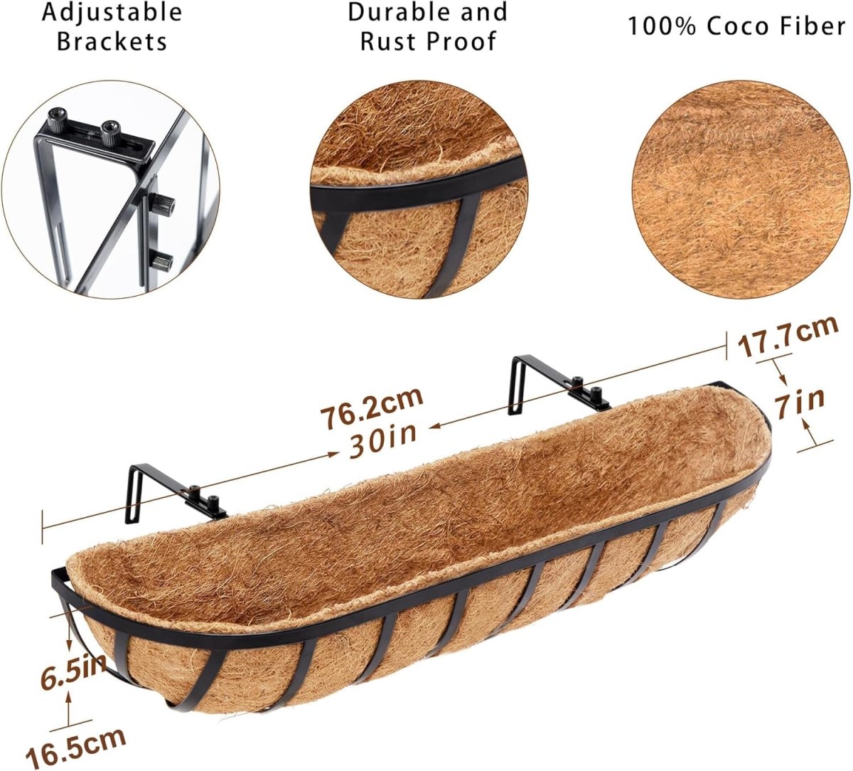 30in Wall Trough Planters Set 2 Metal Railing Boxes Coco Liner - Kwikley