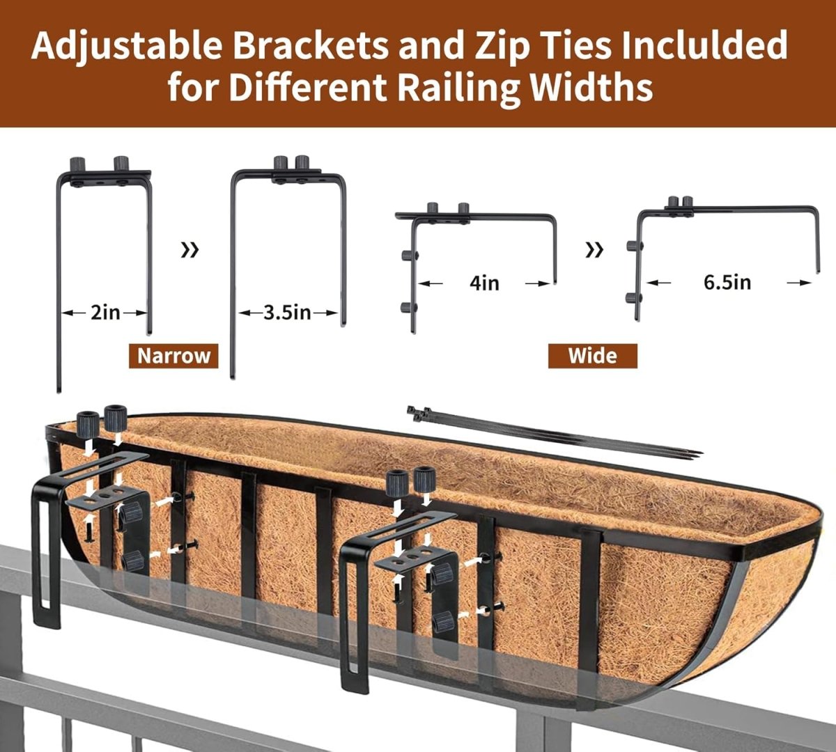 30in Wall Trough Planters Set 2 Metal Railing Boxes Coco Liner - Kwikley