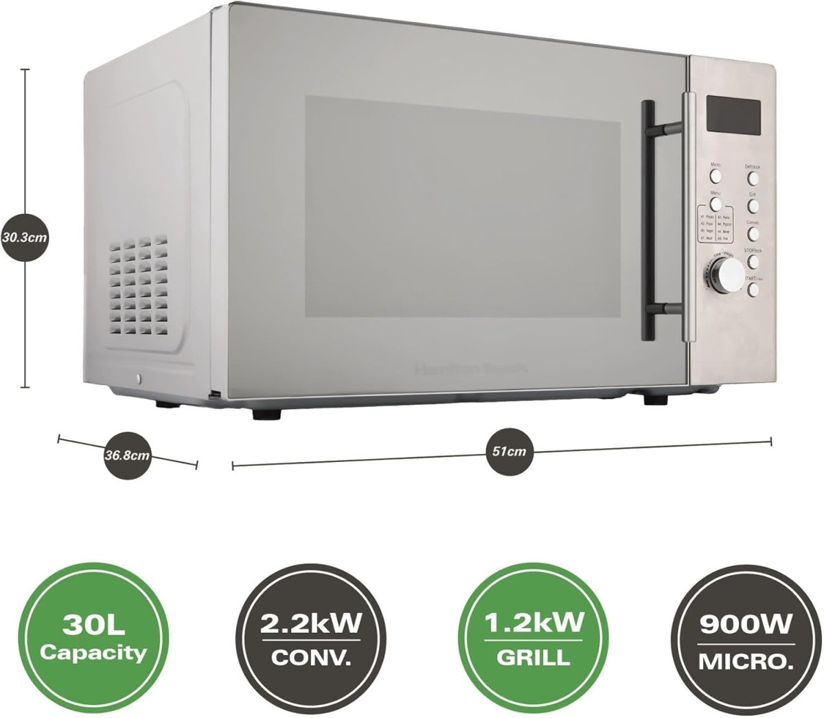 30L 3100W Combination Microwave with Grill & 8 Presets, Silver - Kwikley