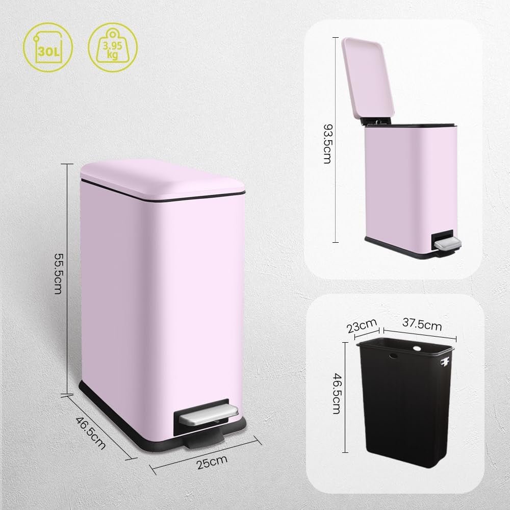 30L Kitchen Pedal Bin Soft Close Stainless Steel Pink - Kwikley